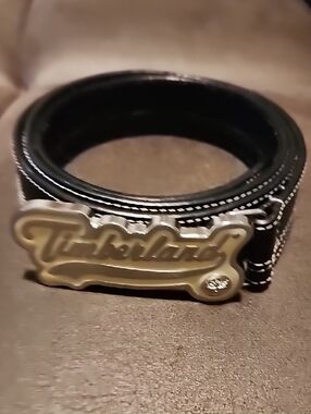 Timberland Black Genuine Leather Belt with Silver Logo Buckle